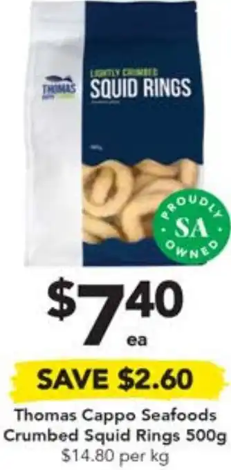 Drakes Thomas Cappo Seafoods Crumbed Squid Rings 500g offer