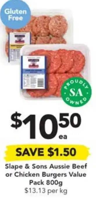 Drakes Slape & Sons Aussie Beef or Chicken Burgers Value Pack 800g offer