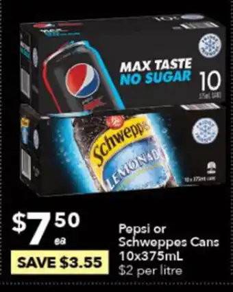 Ritchies Pepsi or Schweppes Cans 10x375ml offer