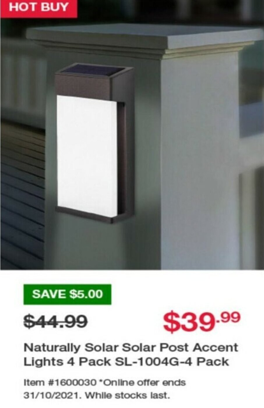 Naturally Solar Post Accent Lights 4 Pack SL1004G4 Pack offer at Costco