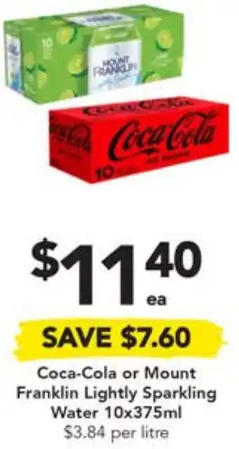Drakes Coca-Cola or Mount Franklin Lightly Sparkling Water 10x375ml offer