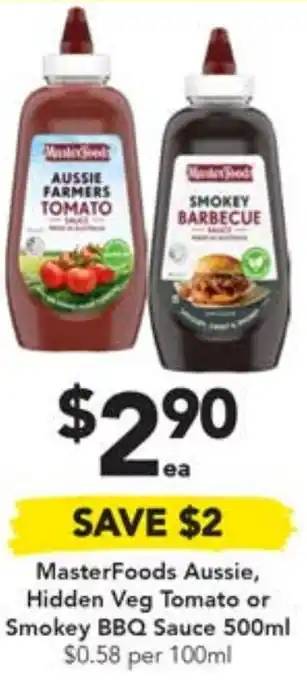 Drakes MasterFoods Aussie, Hidden Veg Tomato or Smokey BBQ Sauce 500ml offer