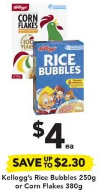 Drakes Kellogg's Rice Bubbles 250g or Corn Flakes 380g offer