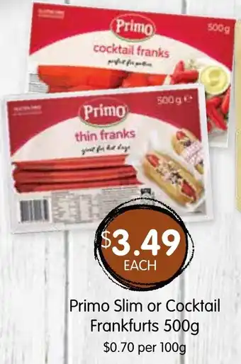 Spudshed Primo Slim or Cocktail Frankfurts 500g offer