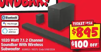 JB Hi-Fi 1020 Watt 7.1.2 Channel Soundbar With Wireless Subwoofer offer