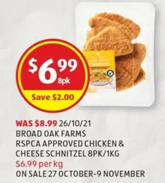 Broad Oak Farms RSPCA Approved Chicken & Cheese Schnitzel 8pk/1kg