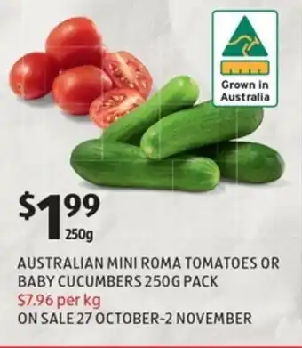ALDI Australian Mini Roma Tomatoes or Baby Cucumbers 250g offer