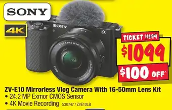 JB Hi-Fi ZV-E10 Mirrorless Vlog Camera With 16-50mm Lens Kit offer