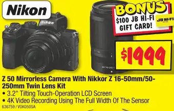 JB Hi-Fi Z 50 Mirrorless Camera With Nikkor Z 16-50mm/50- 250mm Twin Lens Kit offer