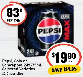Ritchies Pepsi, Solo or Schweppes 24x375mL Selected Varieties offer