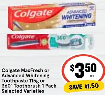 Ritchies Colgate MaxFresh or Advanced Whitening Toothpaste 115g or 360° Toothbrush 1 Pack Selected Varieties offer