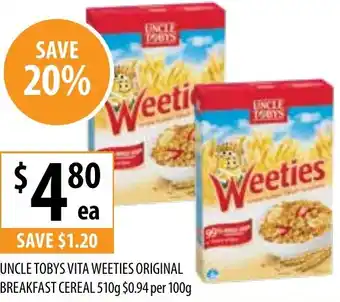 Supabarn UNCLE TOBYS VITA WEETIES ORIGINAL BREAKFAST CEREAL 510g offer