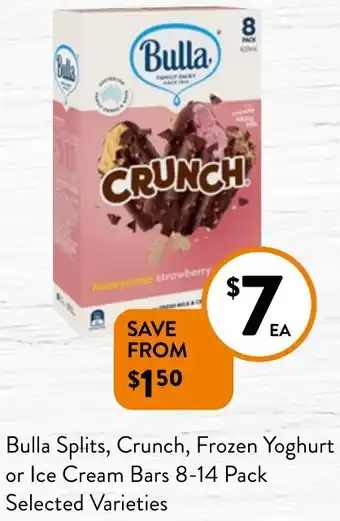 Foodworks Bulla Splits, Crunch, Frozen Yoghurt or Ice Cream Bars 8-14 Pack Selected Varieties offer