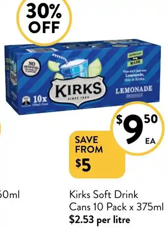 Foodworks Kirks Soft Drink Cans 10 Pack x 375ml offer