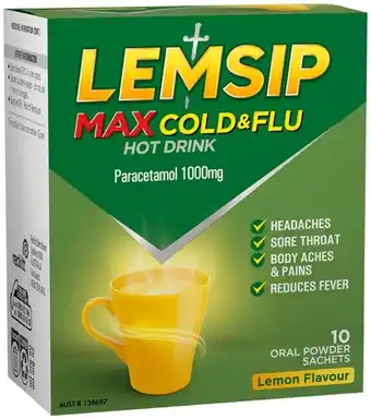 IGA Lemsip Max Cold & Flu Hot Drink Lemon Flavour Sachets 10 Pack offer