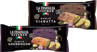 IGA La Famiglia Stone Baked Garlic Sourdough 480g or Garlic Ciabatta 330g offer