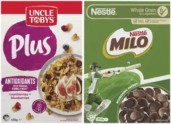 Coles Nestlé Milo Cereal 350g or Uncle Tobys Plus 410g-435g offer