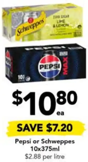 Drakes Pepsi or Schweppes 10x375ml offer