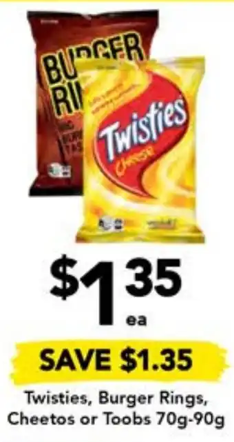 Drakes Twisties, Burger Rings, Cheetos or Toobs 70g-90g offer