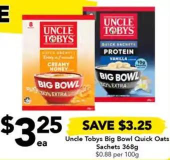 Drakes Uncle Tobys Big Bowl Quick Oats Sachets 368g offer