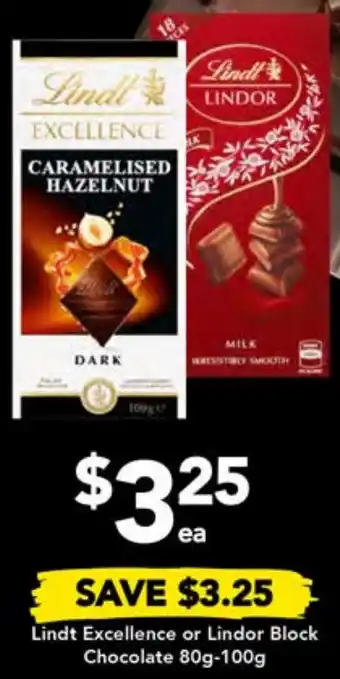 Drakes Lindt Excellence or Lindor Block Chocolate 80g-100g offer