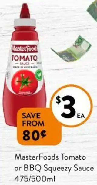 Foodworks MasterFoods Tomato or BBQ Squeezy Sauce 475/500ml offer