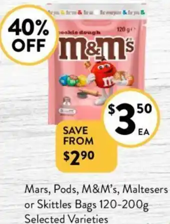 Foodworks Mars, Pods, M&M's, Maltesers or Skittles Bags 120-200g offer