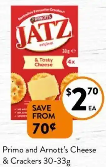 Primo and Arnott's Cheese & Crackers 30-33g