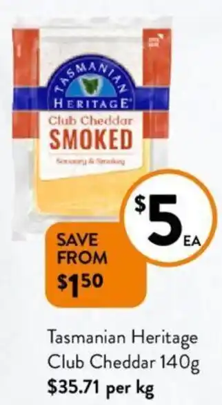 Foodworks Tasmanian Heritage Club Cheddar 140g offer