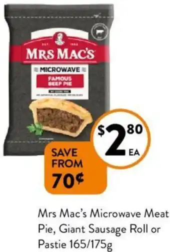 Foodworks Mrs Mac's Microwave Meat Pie, Giant Sausage Roll or Pastie 165/175g offer