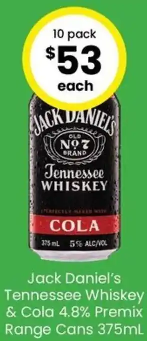 The Bottle O Jack Daniel's Tennessee Whiskey & Cola 4.8% Premix Range Cans 375mL offer