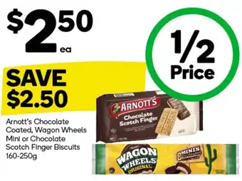 Woolworths Arnott's Chocolate Coated, Wagon Wheels Mini or Chocolate Scotch Finger Biscuits 160-250g offer