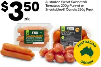 Woolworths Australian Sweet Solanato Tomatoes 200g Punnet or Snackables Carrots 250g Pack offer