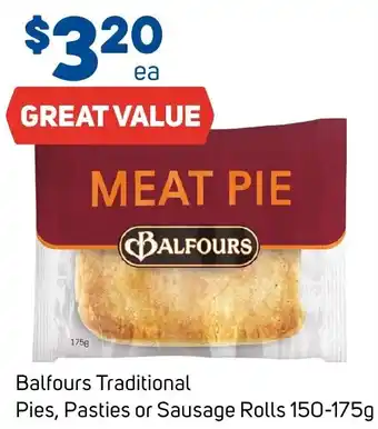 Foodland Balfours Traditional Pies, Pasties or Sausage Rolls 150-175g offer