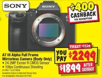 JB Hi-Fi A7 III Alpha Full Frame Mirrorless Camera offer