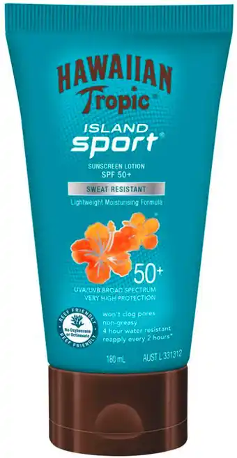 Hawaiian tropic island sport sunscreen lotion spf 50+ sweat resistant 180ml