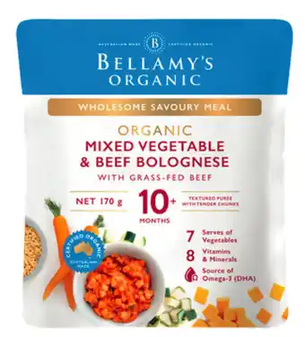 ePharmacy Bellamy’s organic mixed vegetable & beef bolognese 170g offer