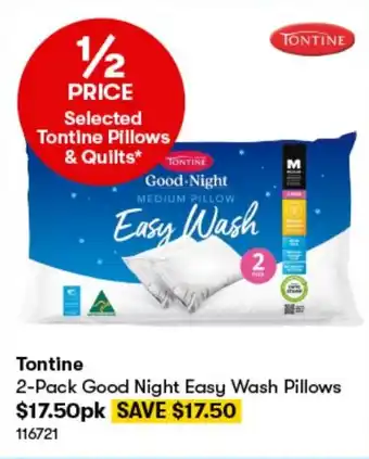BIG W Tontine 2-Pack Good Night Easy Wash Pillows offer