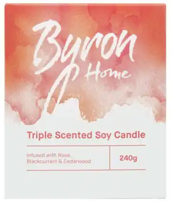Chemist Warehouse Byron home triple scented soy candle rose blackcurrant & cedarwood offer