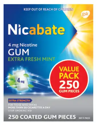Chemist Warehouse Nicabate gum 4mg extra fresh mint 250 pieces offer
