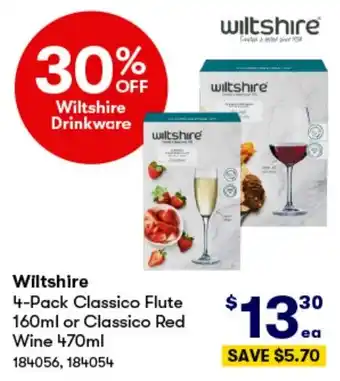BIG W Wiltshire 4-Pack Classico Flute 160ml or Classico Red Wine 470ml offer