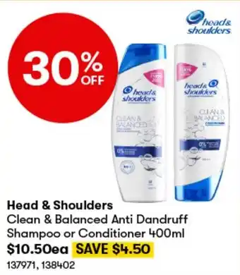 BIG W Head & Shoulders Clean & Balanced Anti Dandruff Shampoo or Conditioner 400ml offer