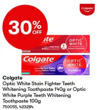 BIG W Colgate Optic White Stain Fighter Teeth Whitening Toothpaste 140g or Optic White Purple Teeth Whitening Toothpaste 100g offer