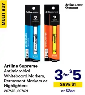 BIG W Artline Supreme Antimicrobial Whiteboard Markers, Permanent Markers or Highlighters offer