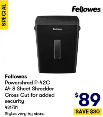 BIG W Fellowes Powershred P-42C A4 8 Sheet Shredder Cross Cut for added security offer