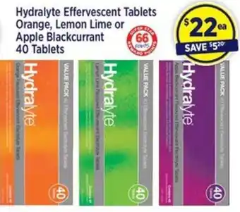 Star Discount Chemist Hydralyte Effervescent Tablets Orange, Lemon Lime or Apple Blackcurrant 40 Tablets offer