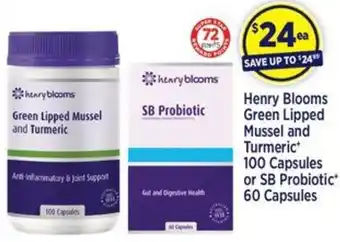 Star Discount Chemist Henry Blooms Green Lipped Mussel and Turmeric+ 100 Capsules or SB Probiotic 60 Capsules offer