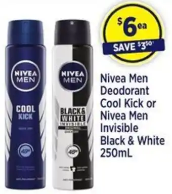 Nivea Men Deodorant Cool Kick or Nivea Men Invisible Black & White 250mL