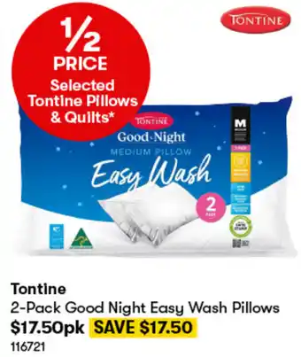 BIG W Tontine 2- Pack Good Night Easy Wash Pillows offer