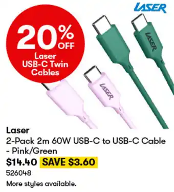 BIG W Laser 2-Pack 2m 60W USB-C to USB-C Cable - Pink/Green offer